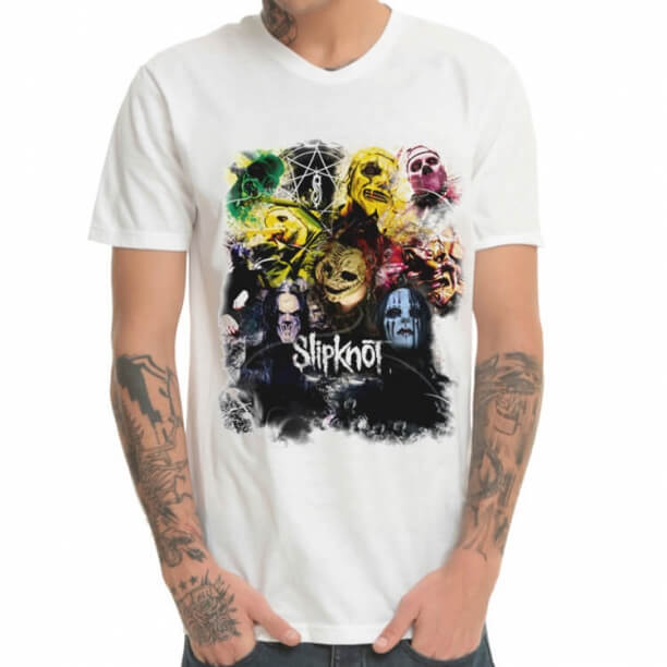 Camiseta con estampado de rock metalizado de Slipknot Band blanca